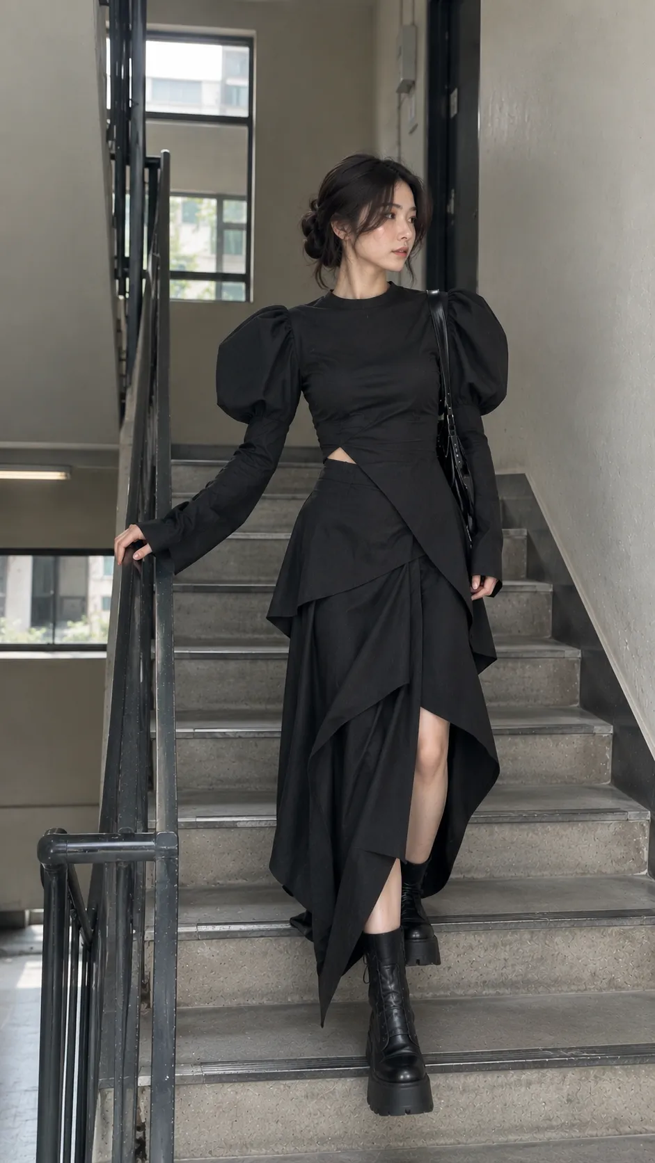 Avant-garde outfit monochrome với áo tay phồng cấu trúc và chân váy dài bất đối xứng