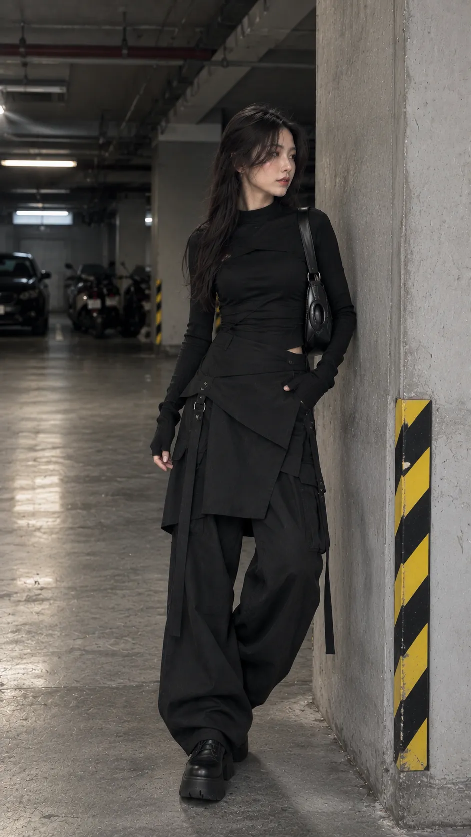 Avant-garde outfit đen với skirt over pants áo fitted và boots đế khối