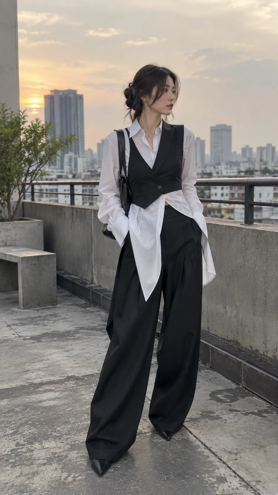 Avant-garde outfit đời thường với sơ mi dài gile ngắn quần suông và giày mũi nhọn