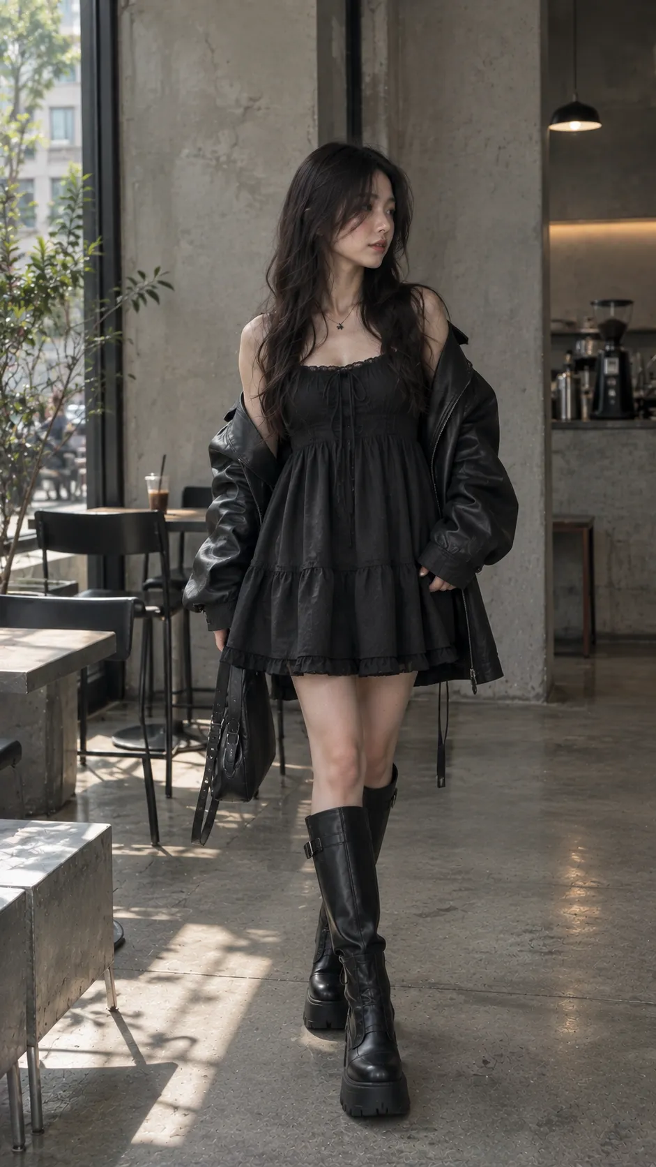 Babydoll dress đen phối boots và leather jacket theo phong cách dark coquette