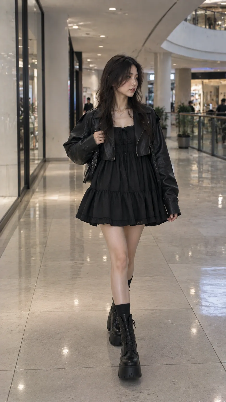 Babydoll dress phối leather jacket cropped và platform boots