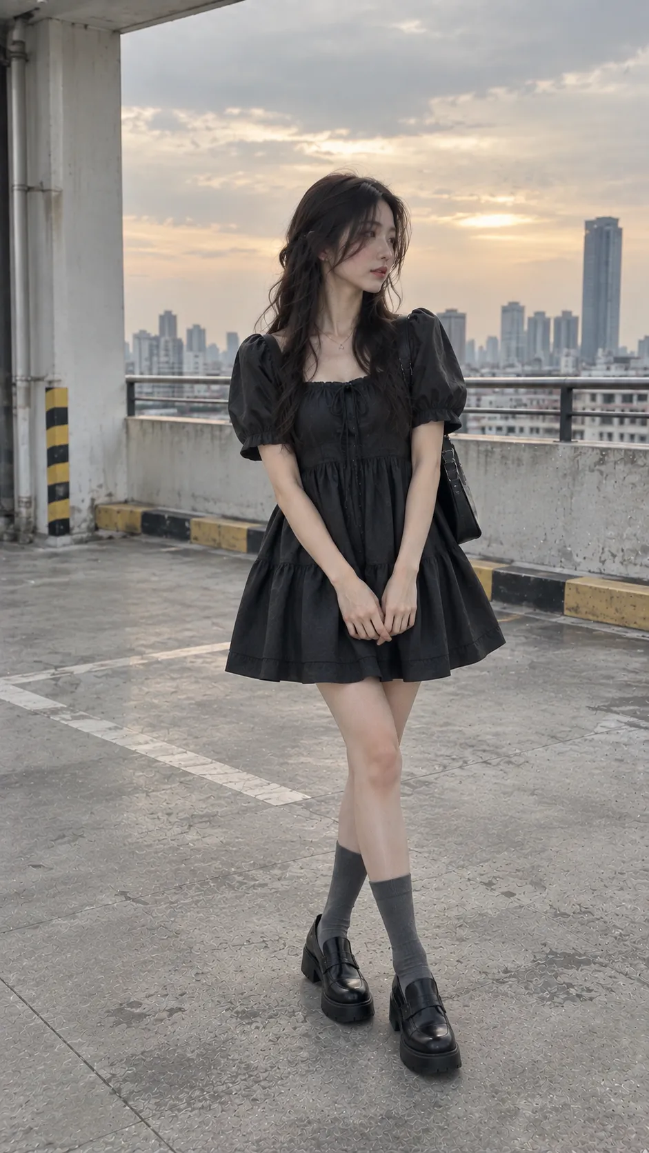 Babydoll dress màu tối phối loafer và tất xám theo preppy dark