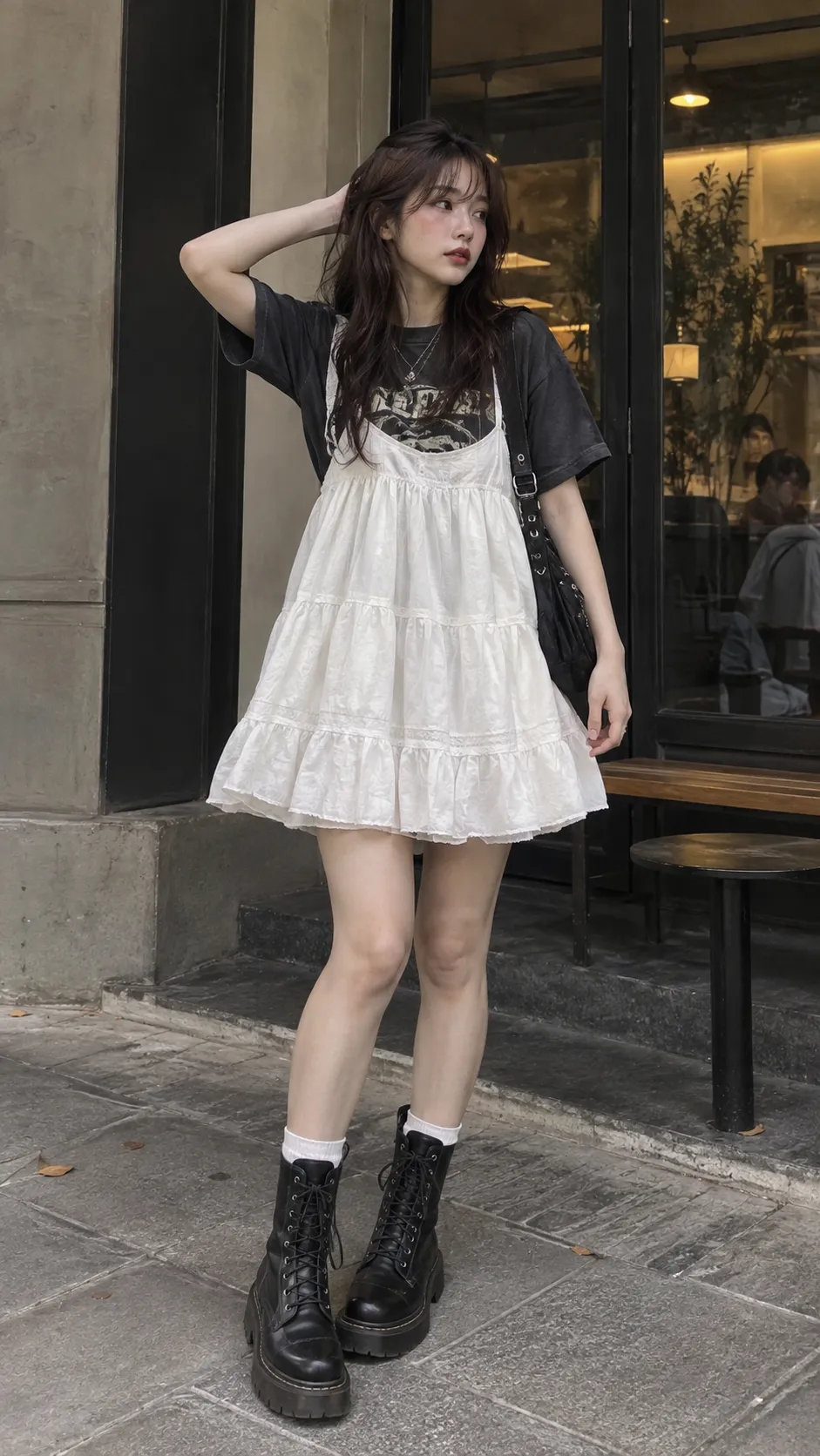 Babydoll dress phối graphic tee và combat boots theo soft grunge
