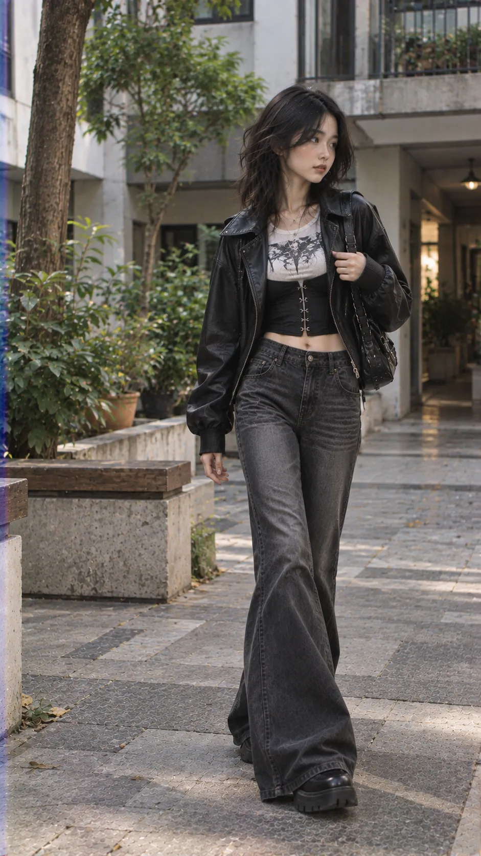Baddie Streetwear với leather jacket, corset, baby tee, quần ống loe theo Phối Đồ Với Quần Ống Loe Nữ: 7 Công Thức Dễ Mặc Và Cá Tính