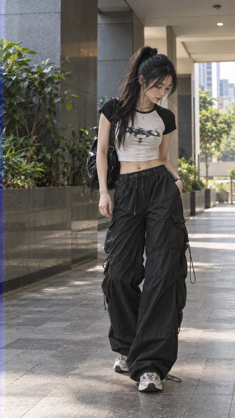 Baddie Streetwear với baby tee, crop top, quần parachute theo Phối Đồ Với Quần Parachute Nữ: 8 Công Thức Không Bị Nuốt Dáng