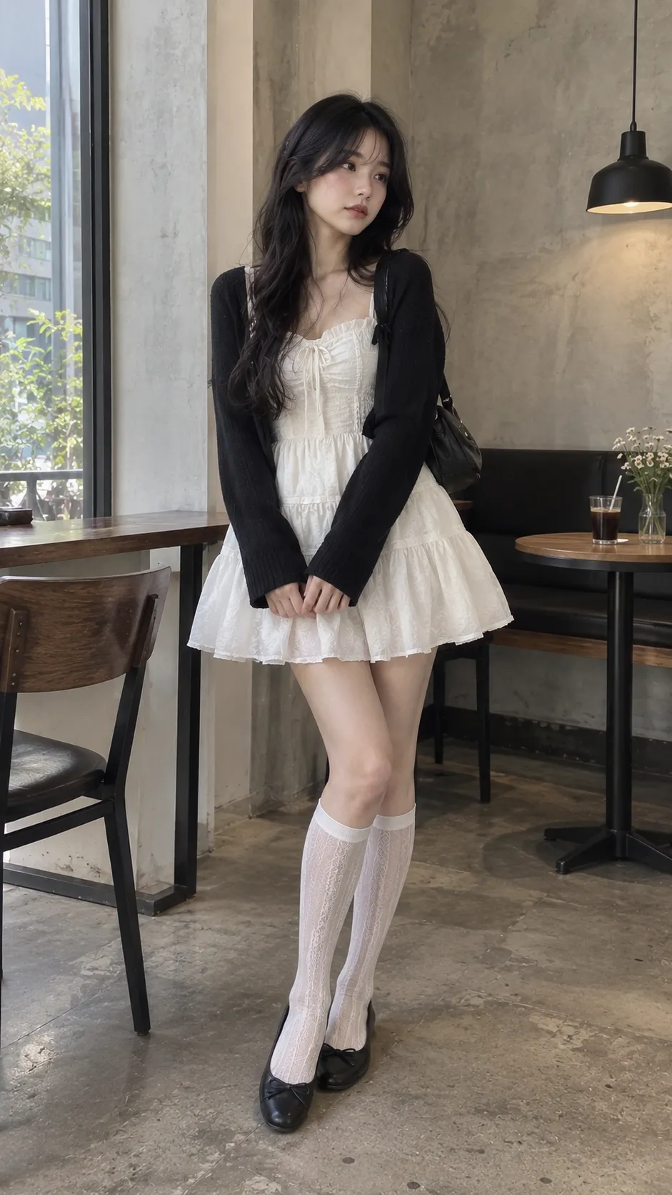 Ballet flats black phối váy ngắn và tất cao theo phong cách balletcore alt