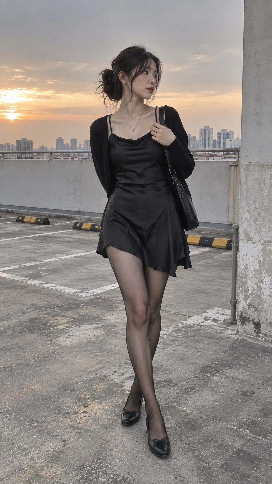 Ballet flats đen phối tất sheer và váy satin tối màu theo dark feminine