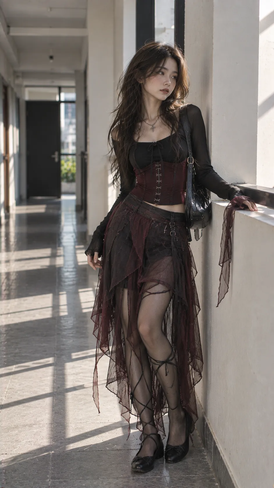 Balletcore trong Dark Balletcore: top đen ôm + sheer layer + giày mũi mềm với corset, burgundy, charcoal, đen