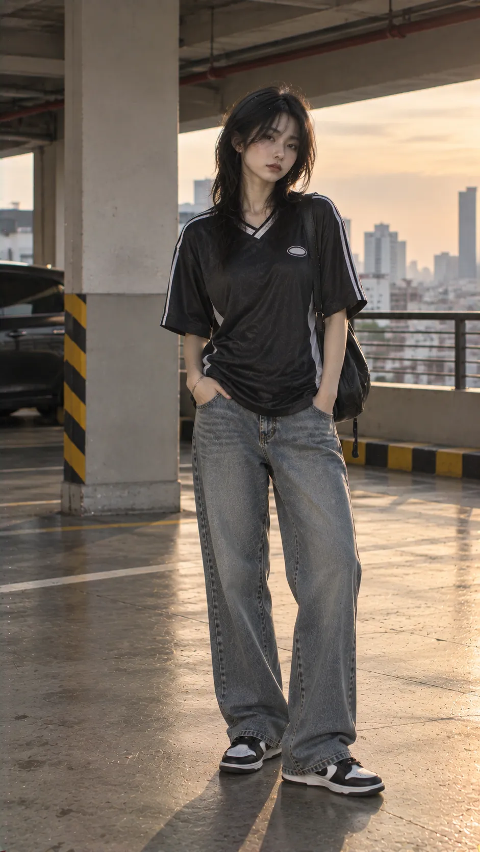 Blokecore trong Jersey Retro + Jeans Straight + Sneaker Đế Thấp với sneaker, denim, đen
