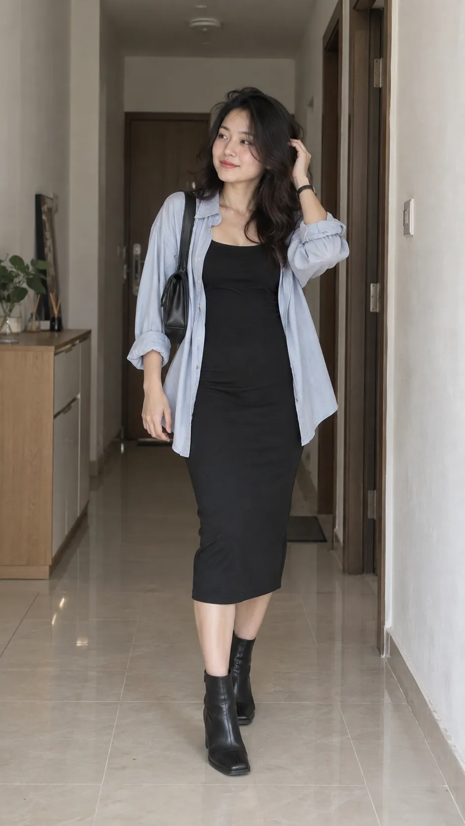 Bodycon dress rib đen phối leather jacket và chunky boots
