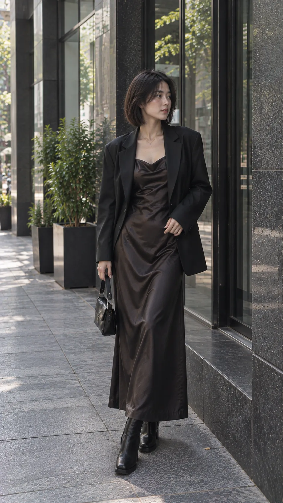 Bodycon dress tối màu phối blazer boxy và boots theo phong cách dark feminine