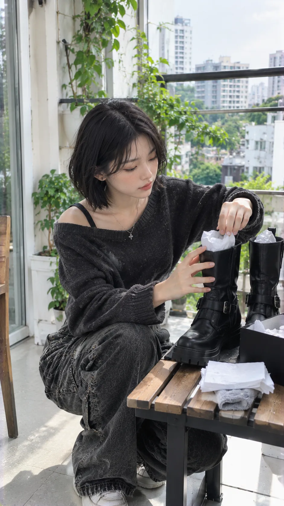 Nữ trẻ thấm khô đôi boots vừa dính mưa, nhét giấy sạch và hong tự nhiên