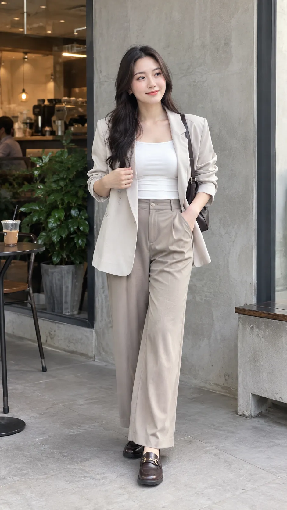 Outfit nữ với áo cổ vuông mềm quần ống suông cạp vừa blazer mở và loafer