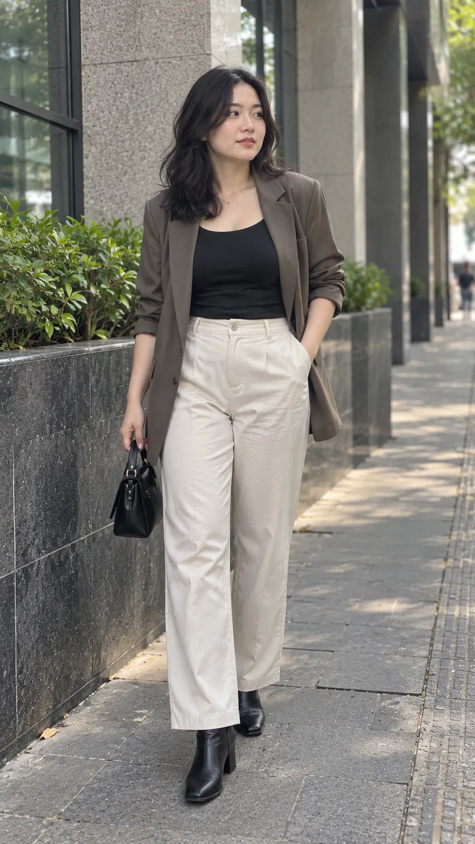 Tank top tối màu phối blazer mở quần straight và ankle boots trong outfit nữ cân tỷ lệ