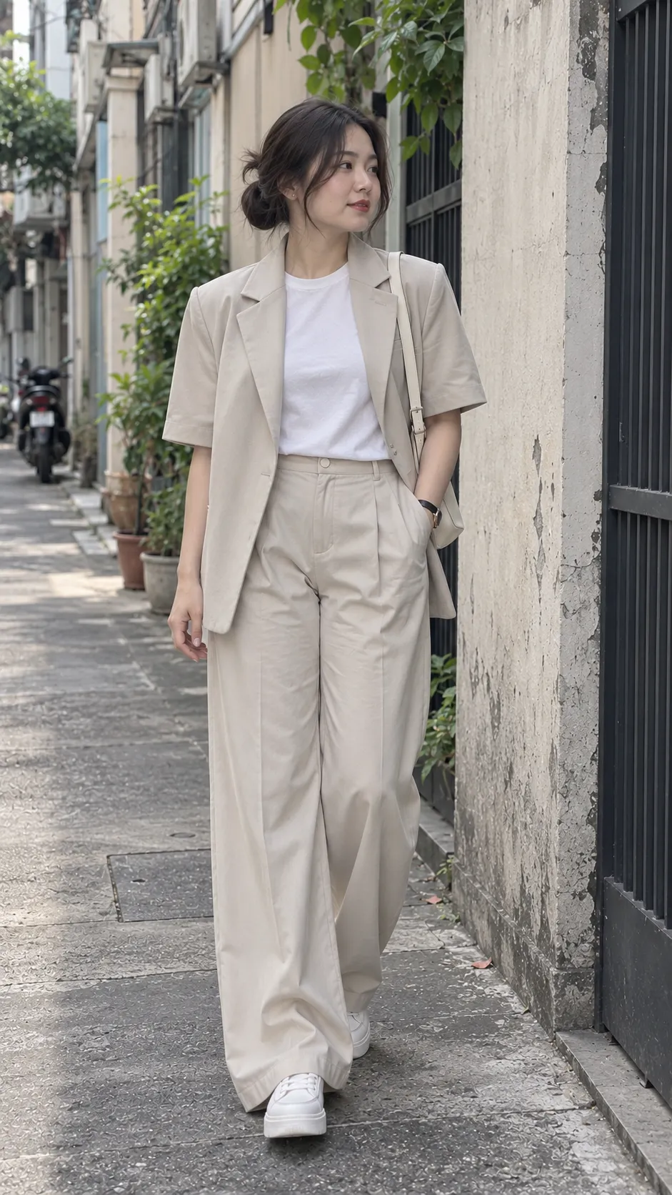 Outfit monochrome nữ với áo boxy có cấu trúc quần suông và sneaker tối giản