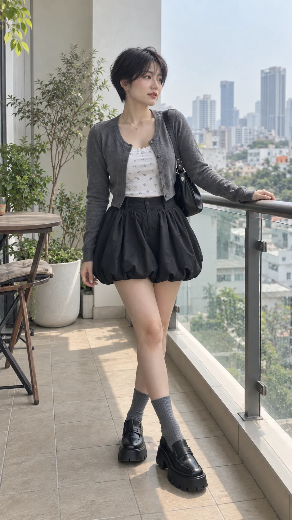 Chân váy quả bí phối cardigan cropped tất xám và loafer đế dày