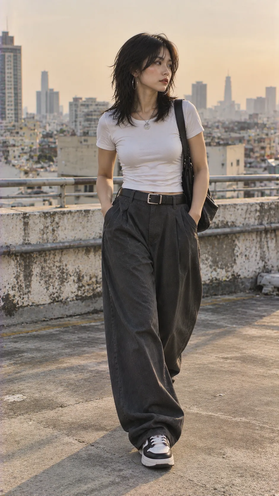 Chicano style nữ hiện đại với áo trơn, quần rộng xếp ly, belt, hoop earrings và sneaker form chắc