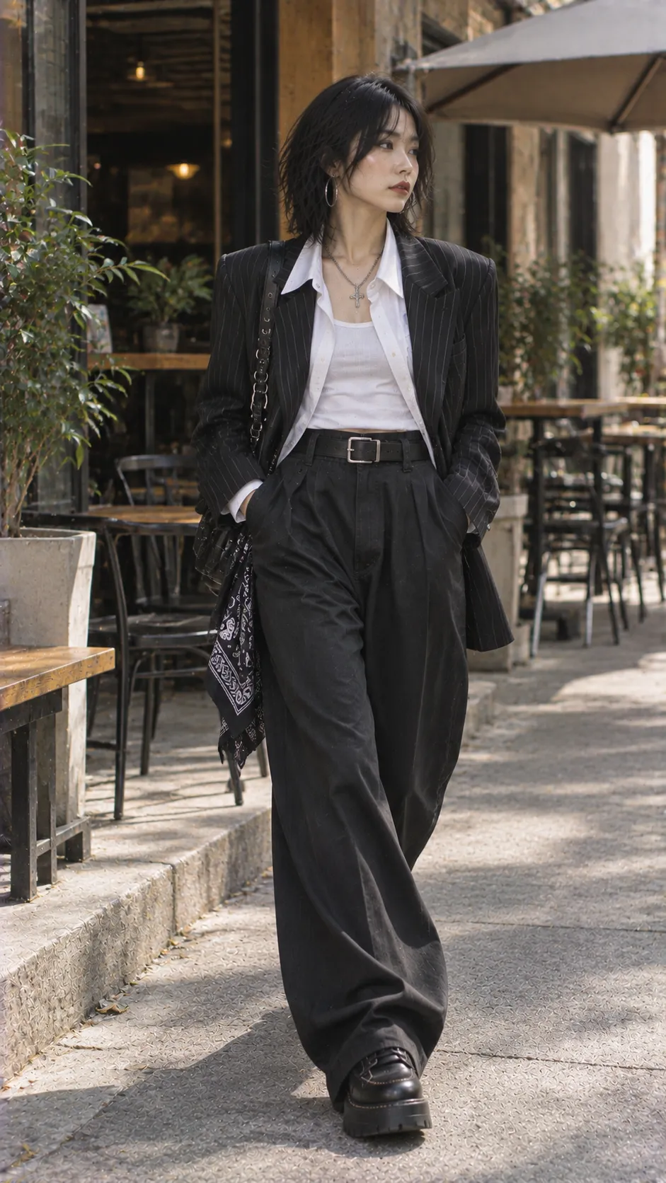 Diễn giải hiện đại của silhouette pachuca với jacket vai rõ, quần cạp cao rộng và giày tối màu