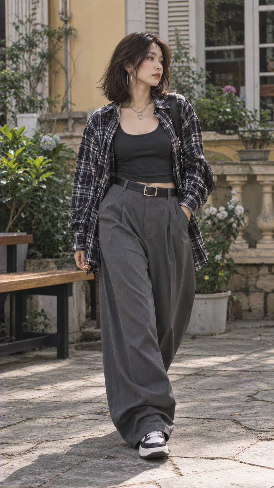 Chicano nữ với tank top tối màu, sơ mi button-up rộng mở cúc, quần pleated baggy và hoop earrings