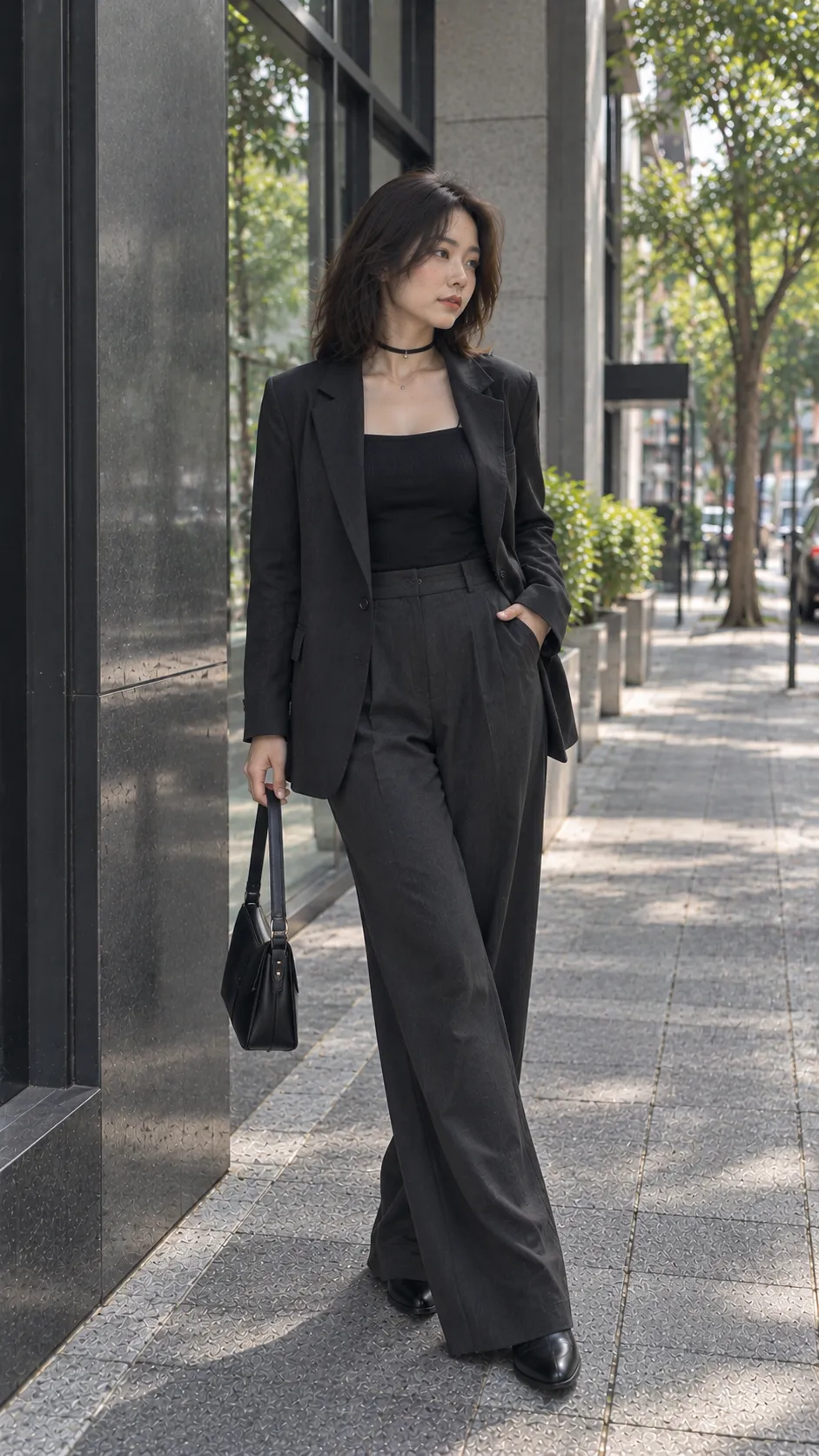 Vòng cổ choker nữ màu đen bản mảnh phối square neck top và blazer tối màu