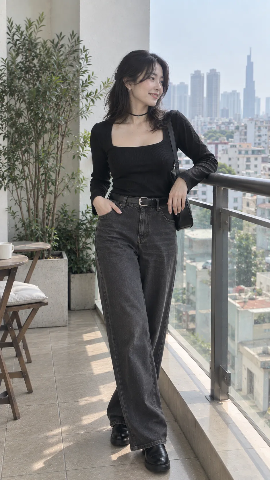 Vòng choker nữ bản mảnh phối áo cổ vuông đen và khuyên tai bạc nhỏ