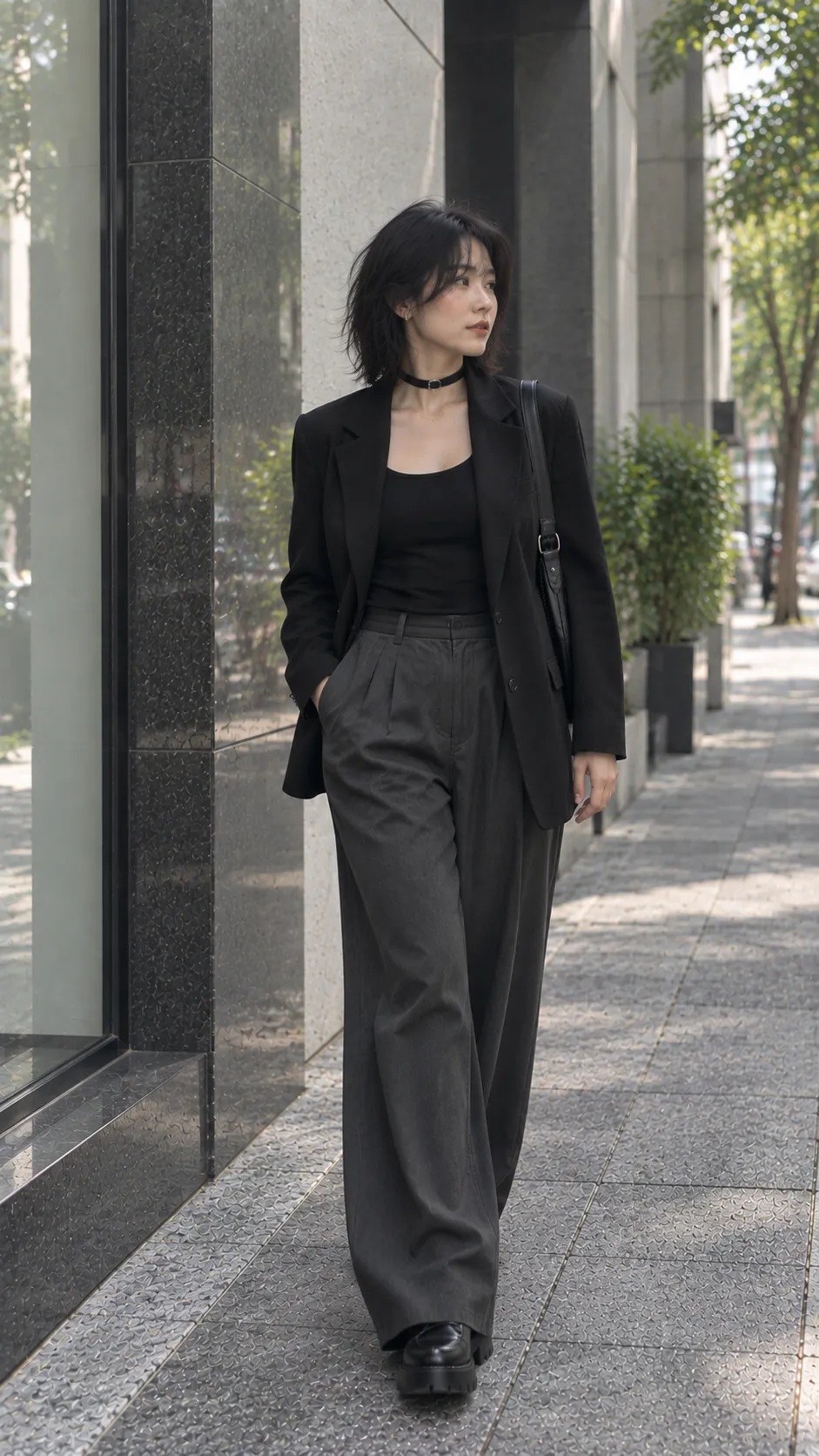 Vòng cổ choker nữ da trơn phối blazer đen tank top và quần suông