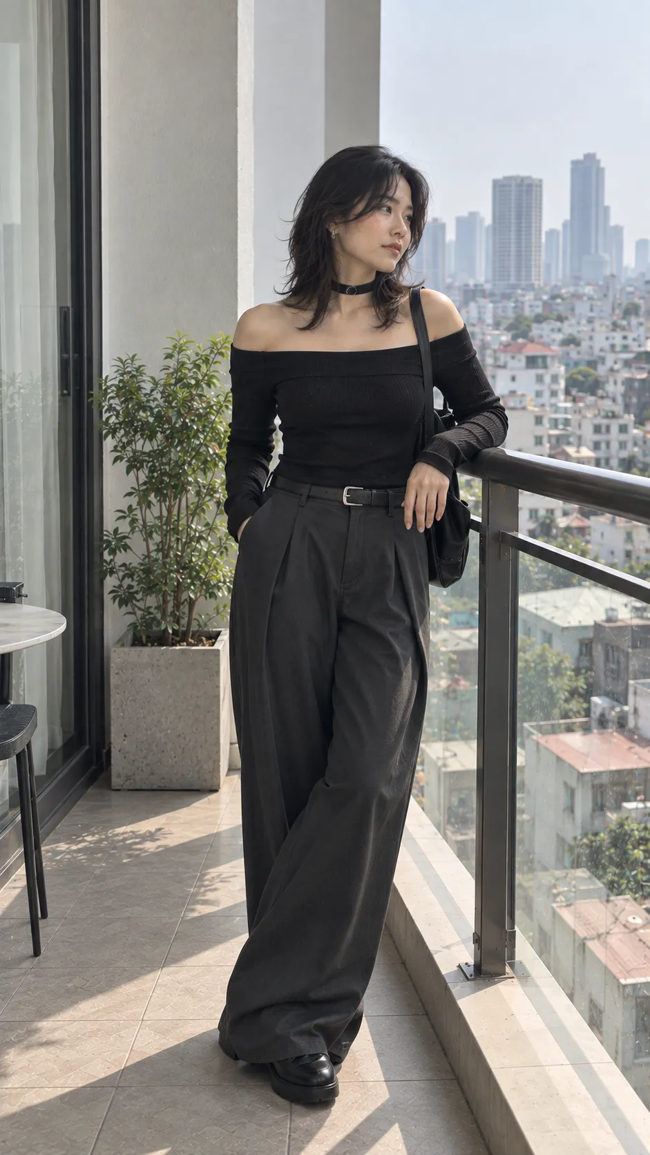 Choker nữ bản vừa phối off shoulder top tối màu và quần wide leg