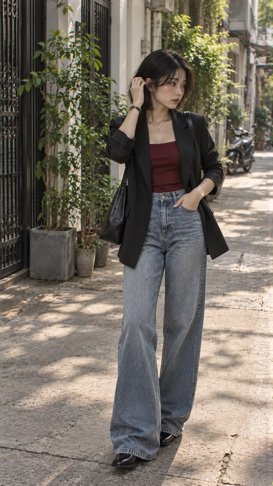 Clean Girl Aesthetic với blazer, denim, burgundy, đen theo Bảng Màu Và Chất Liệu: Vì Sao Outfit Tối Giản Không Bị Phẳng?