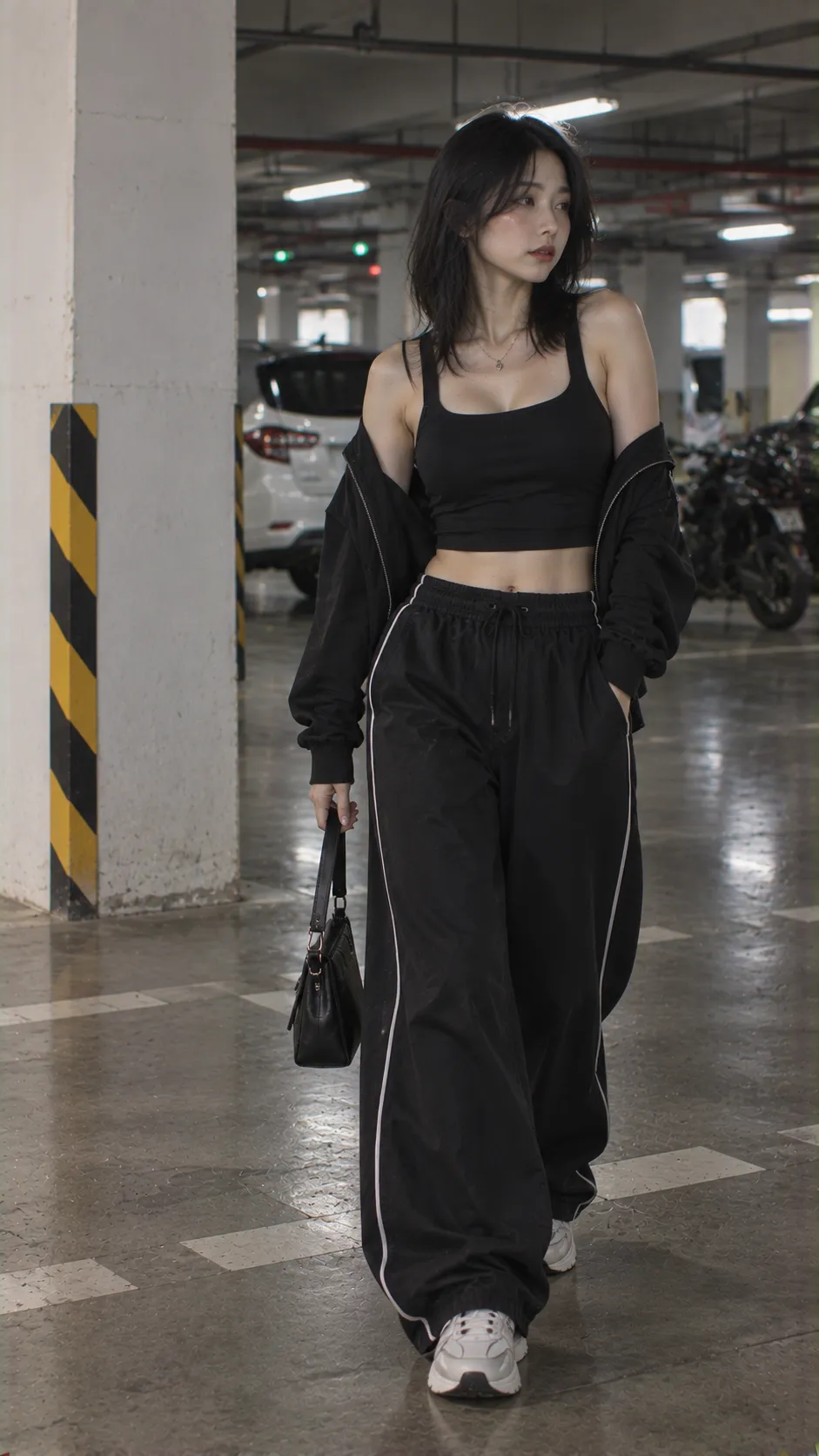 Clean Girl Aesthetic thể hiện silhouette và tỷ lệ với sneaker, crop top, áo trễ vai, đen