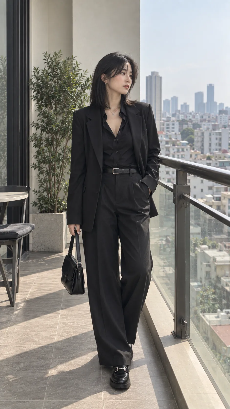 Corporate Goth outfit với blazer đen sơ mi cổ mở quần tailored và loafer bạc hardware
