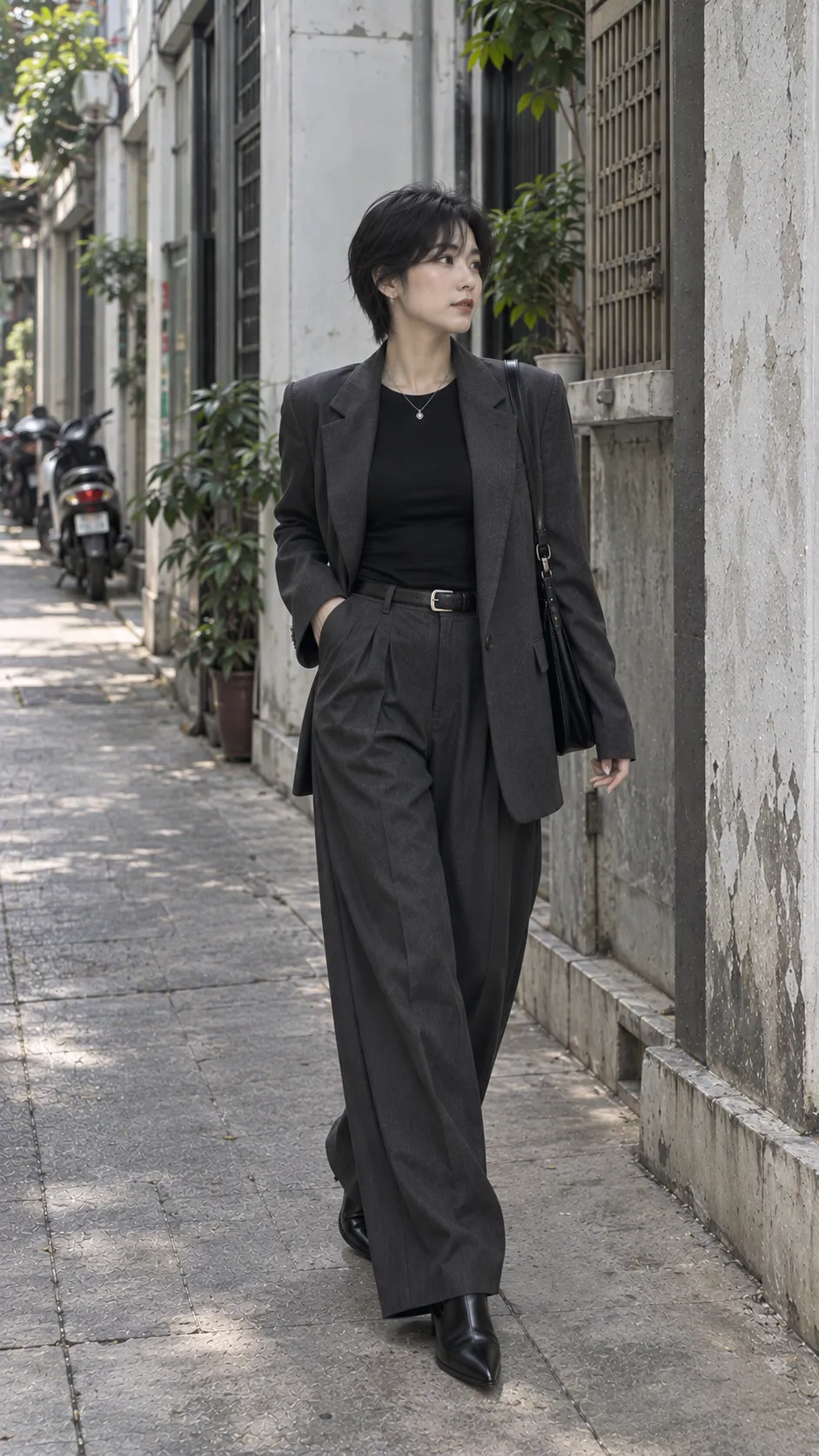 Corporate Goth outfit với blazer charcoal top đen quần pleated và pointed ankle boots