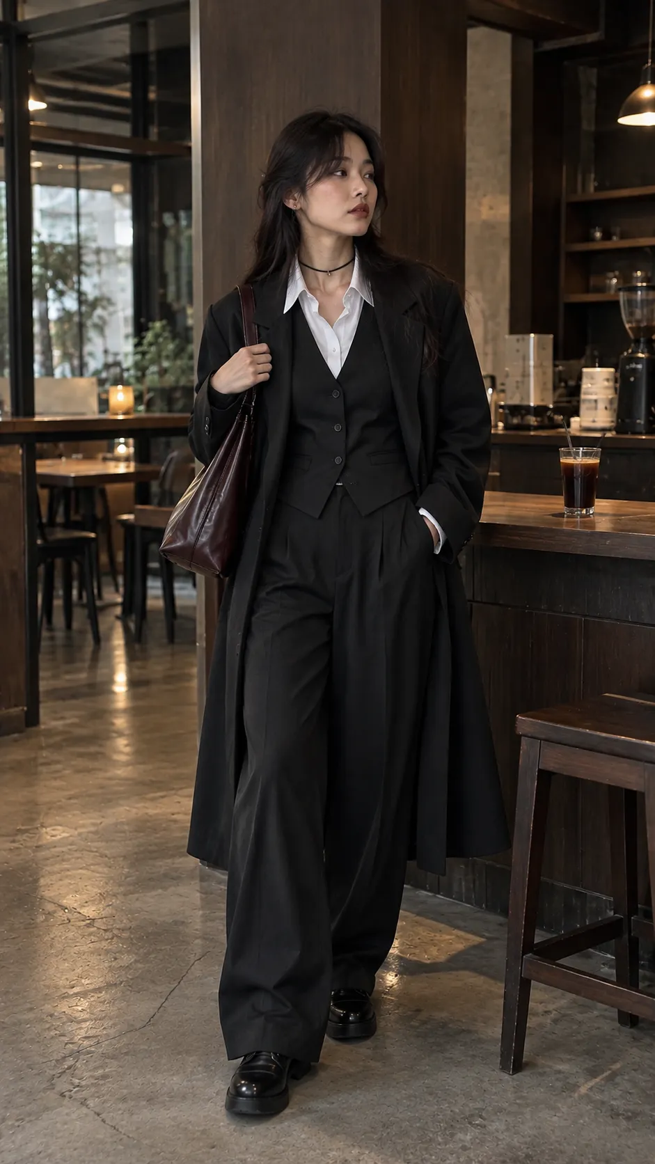 Corporate Goth outfit với white shirt black vest tailored trousers và choker mảnh