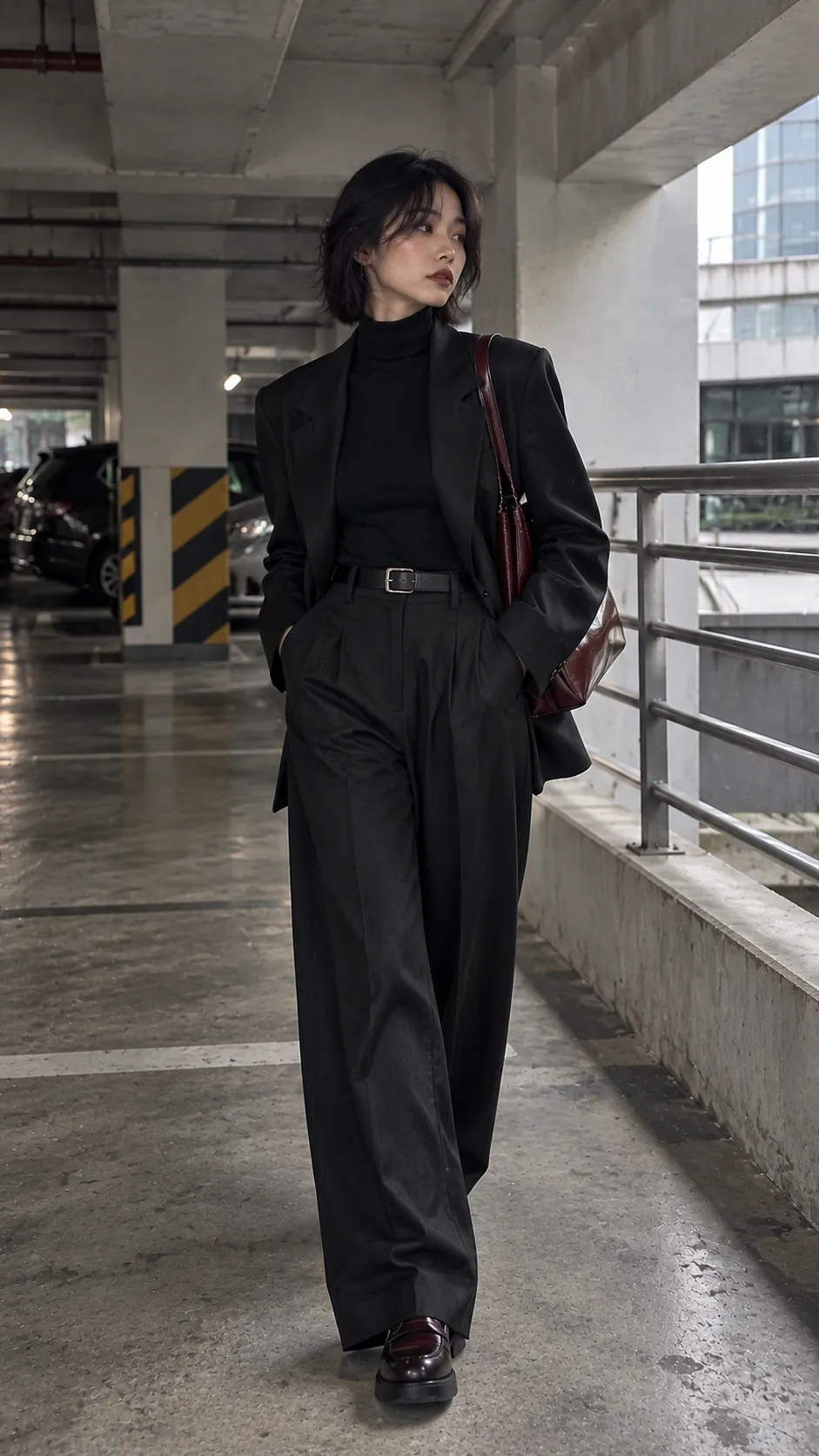 Corporate Goth outfit tối giản với turtleneck đen quần wide leg loafer và túi oxblood