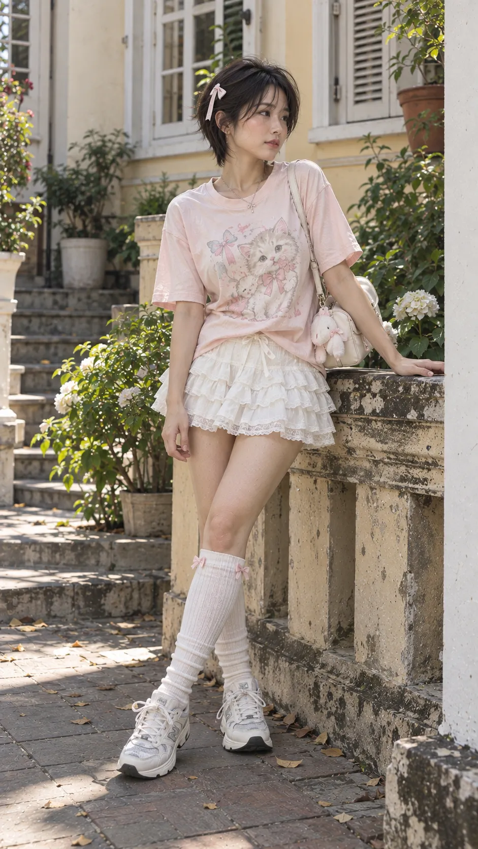 Cutecore outfit với áo thun graphic pastel dáng rộng, váy tầng trắng, tất cao và sneaker
