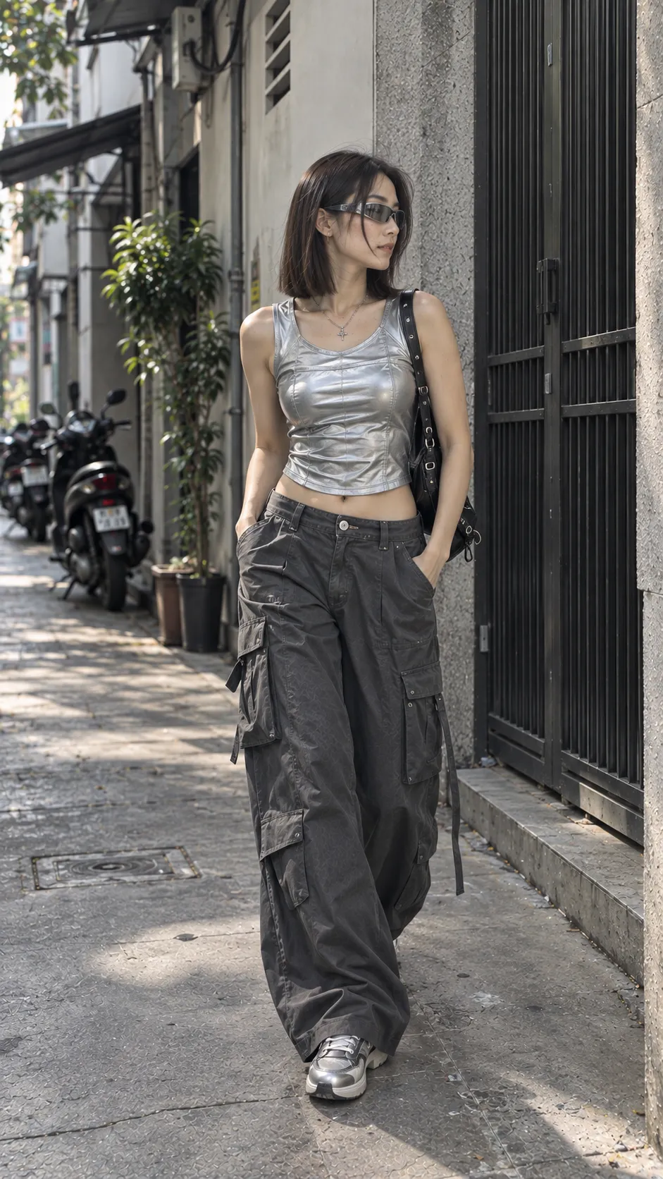 Cyber Y2K outfit với fitted top bạc quần cargo cạp thấp kính wraparound và platform sneaker