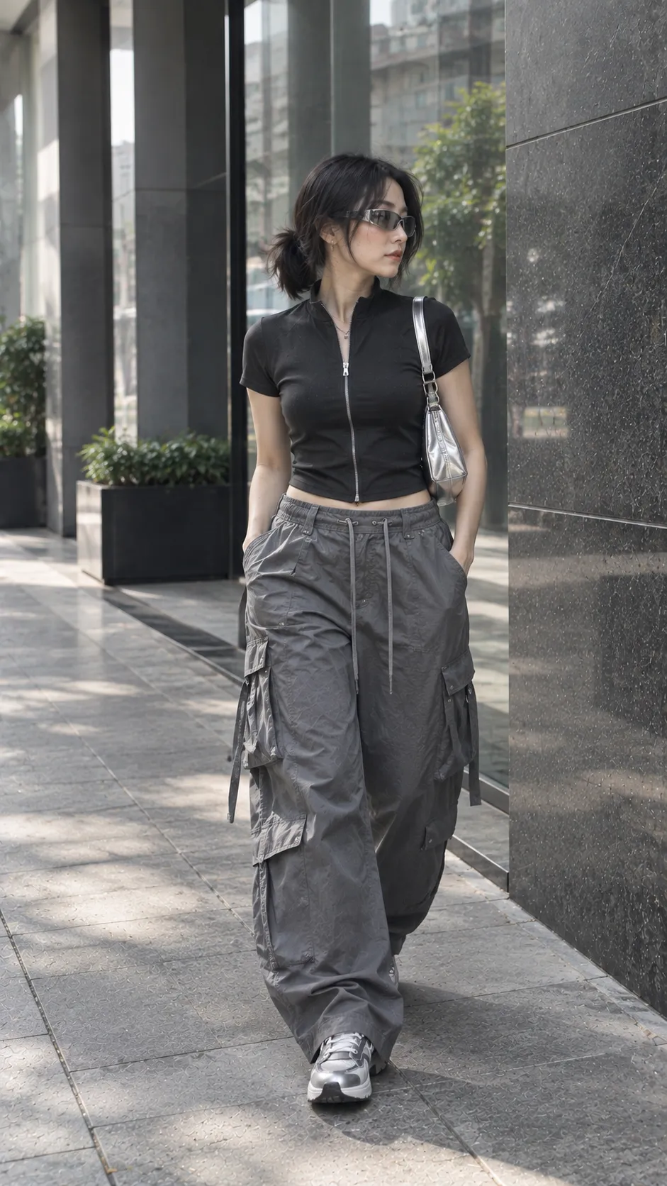Cyber 2K outfit với fitted zip top quần parachute xám túi bạc và sneaker futuristic