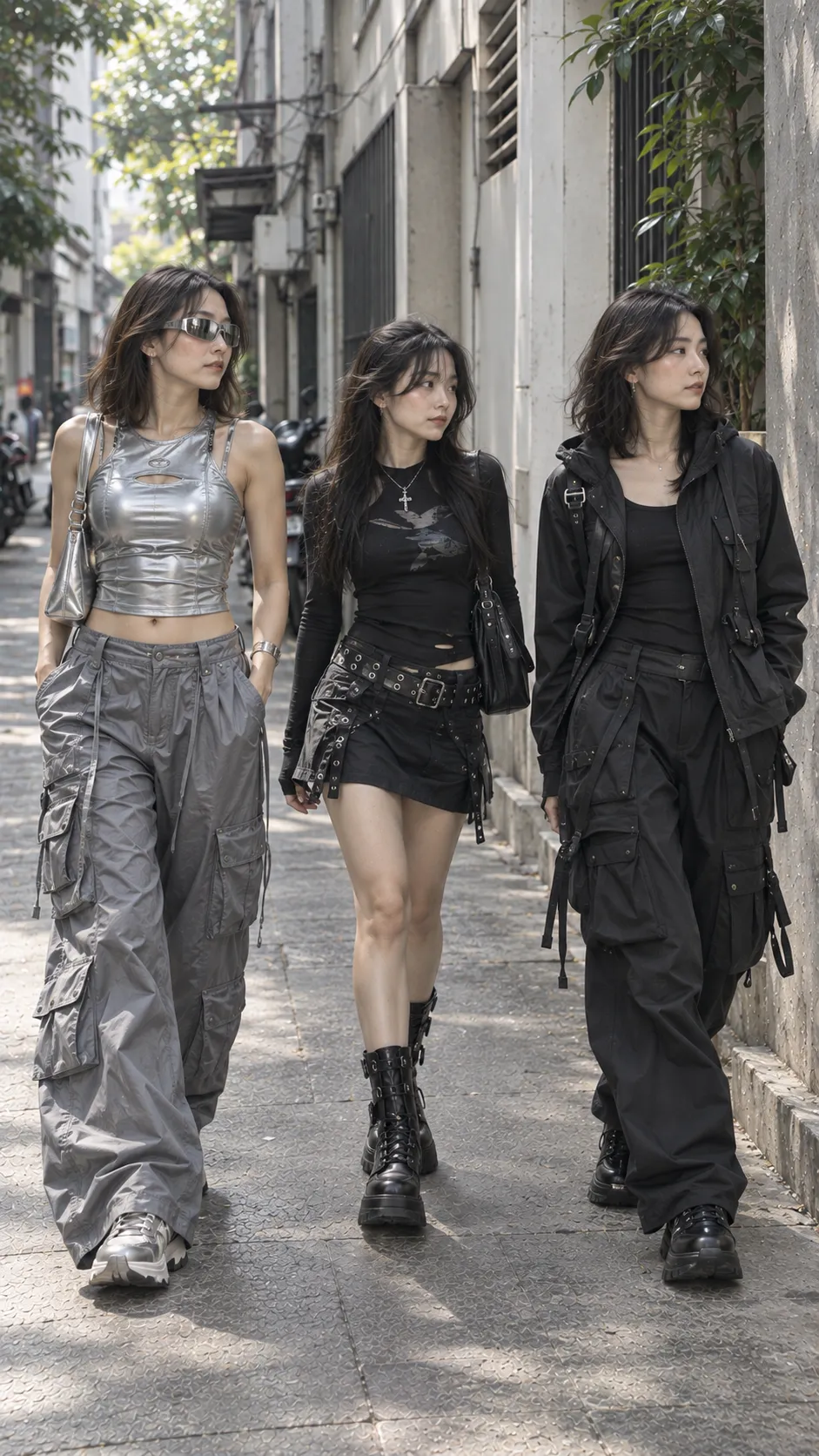 Ba outfit so sánh Cyber Y2K bạc đen Dark Y2K tối và Techwear nhiều lớp utility