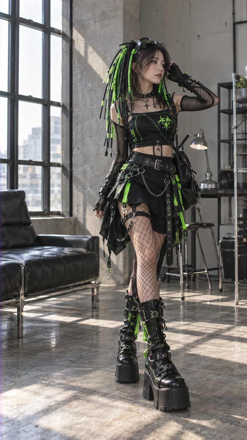 Cybergoth nữ với black mesh top, neon green straps, cargo skirt và platform boots