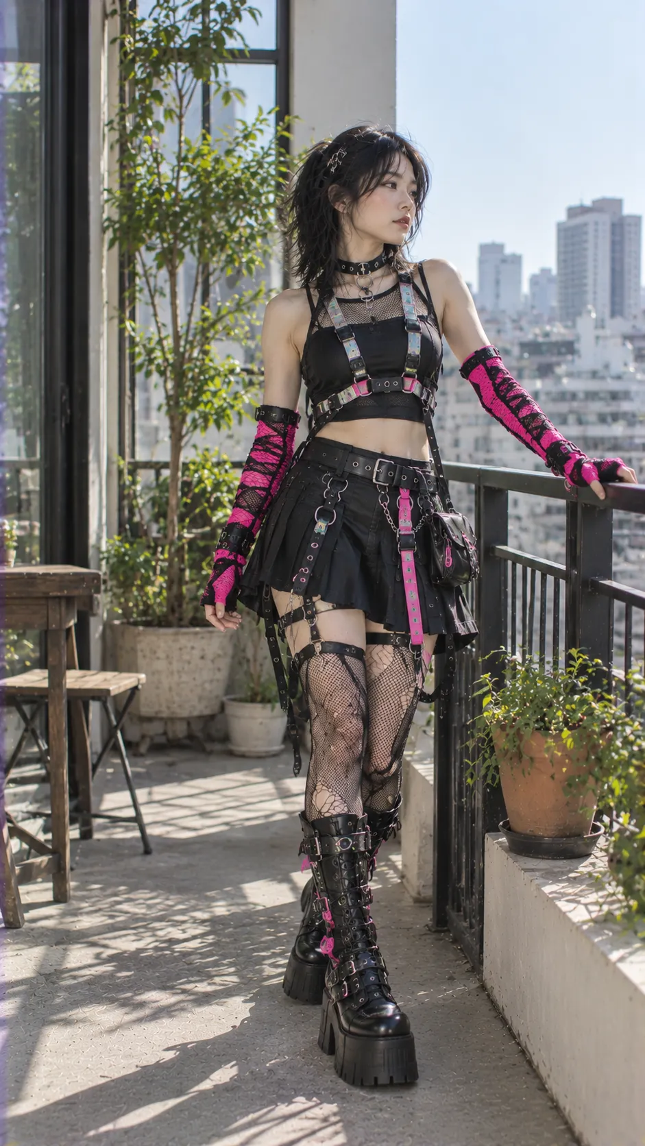 Cybergoth black outfit với neon pink arm warmers, reflective harness và chunky boots