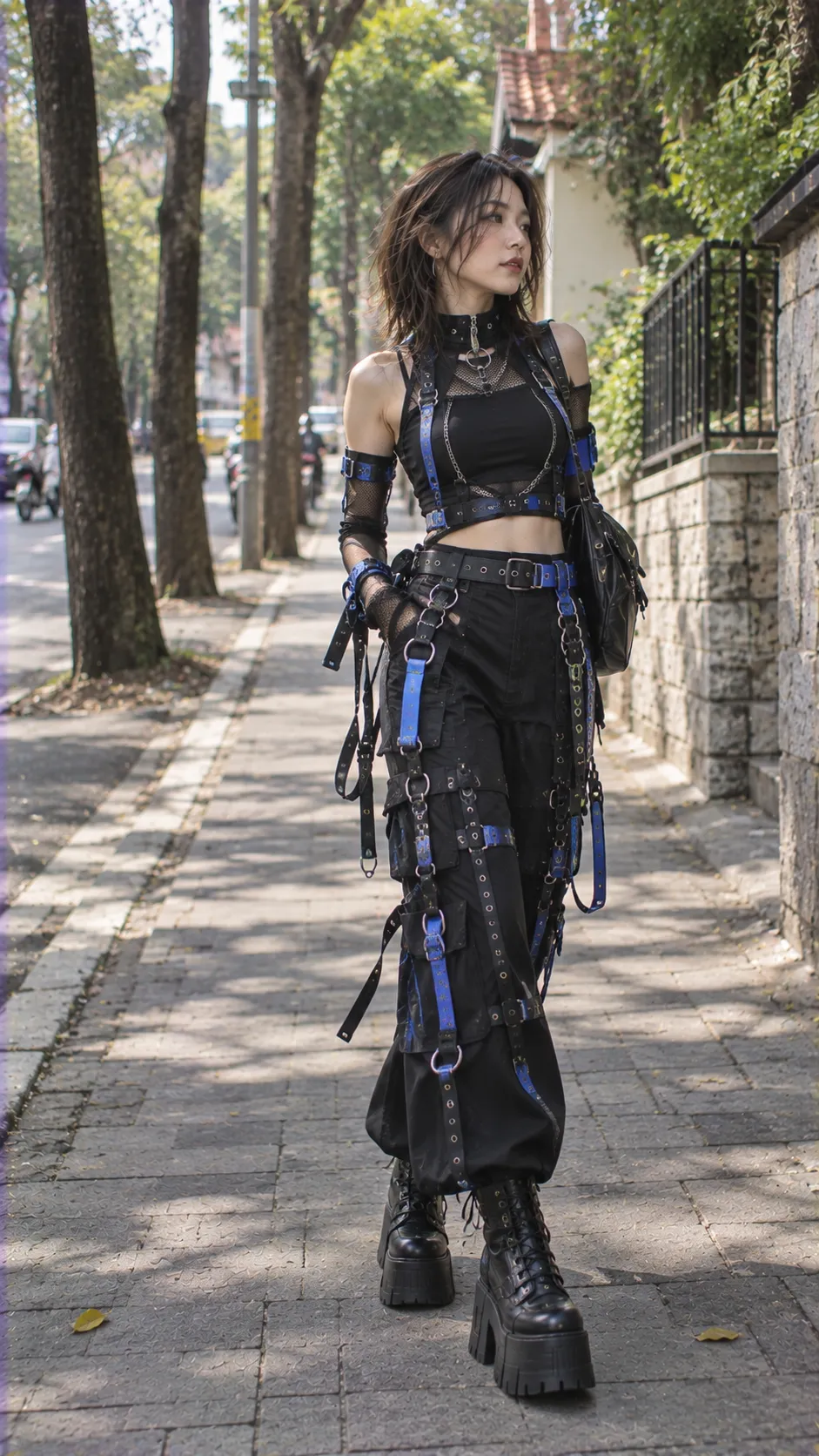 Cybergoth outfit với fitted black top, bondage pants, reflective straps và electric blue accents