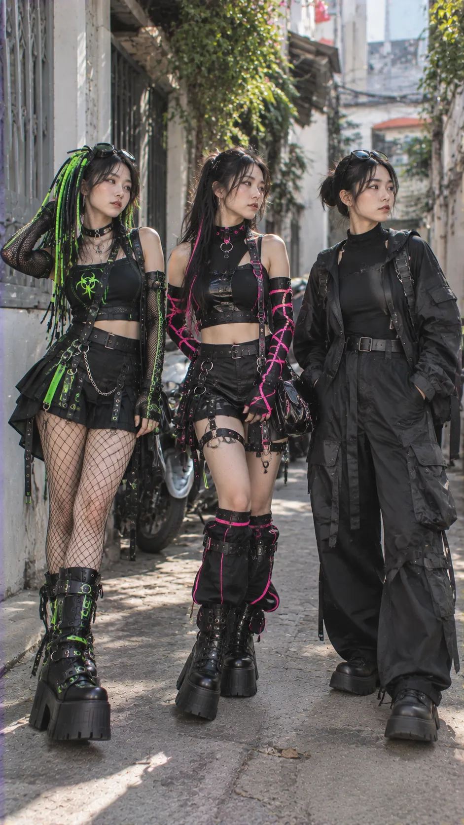 So sánh trực quan Cybergoth với black neon club outfit và Techwear tối giản thiên công năng