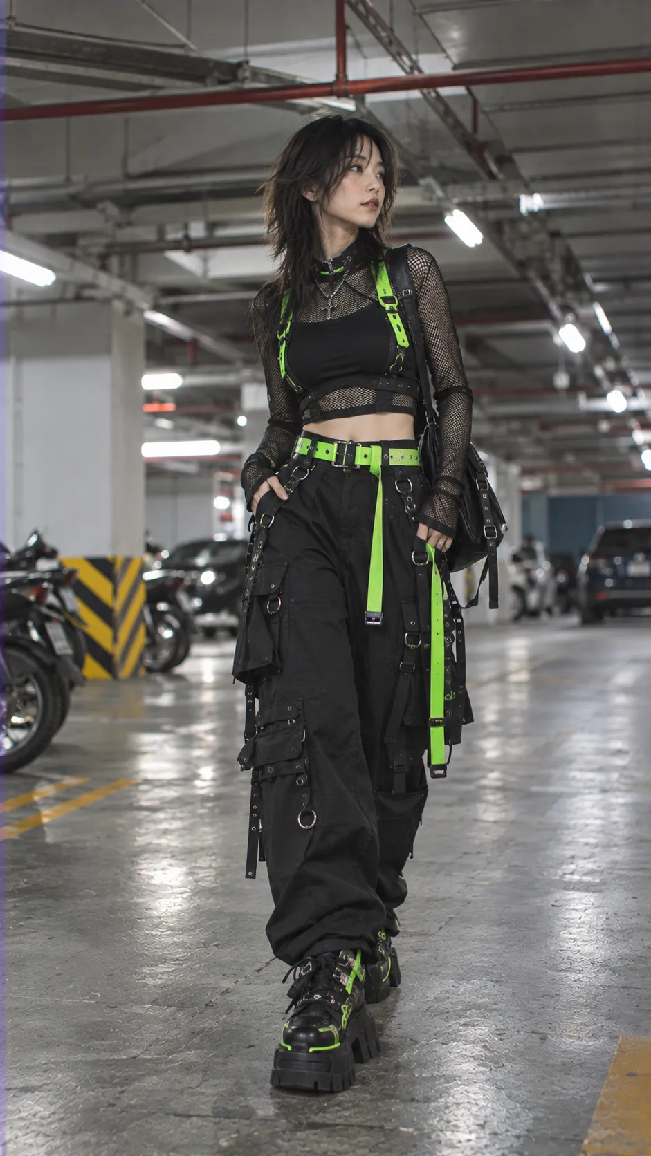 Cybergoth đời thường với black cargo, mesh long sleeve, neon belt và chunky platform sneakers