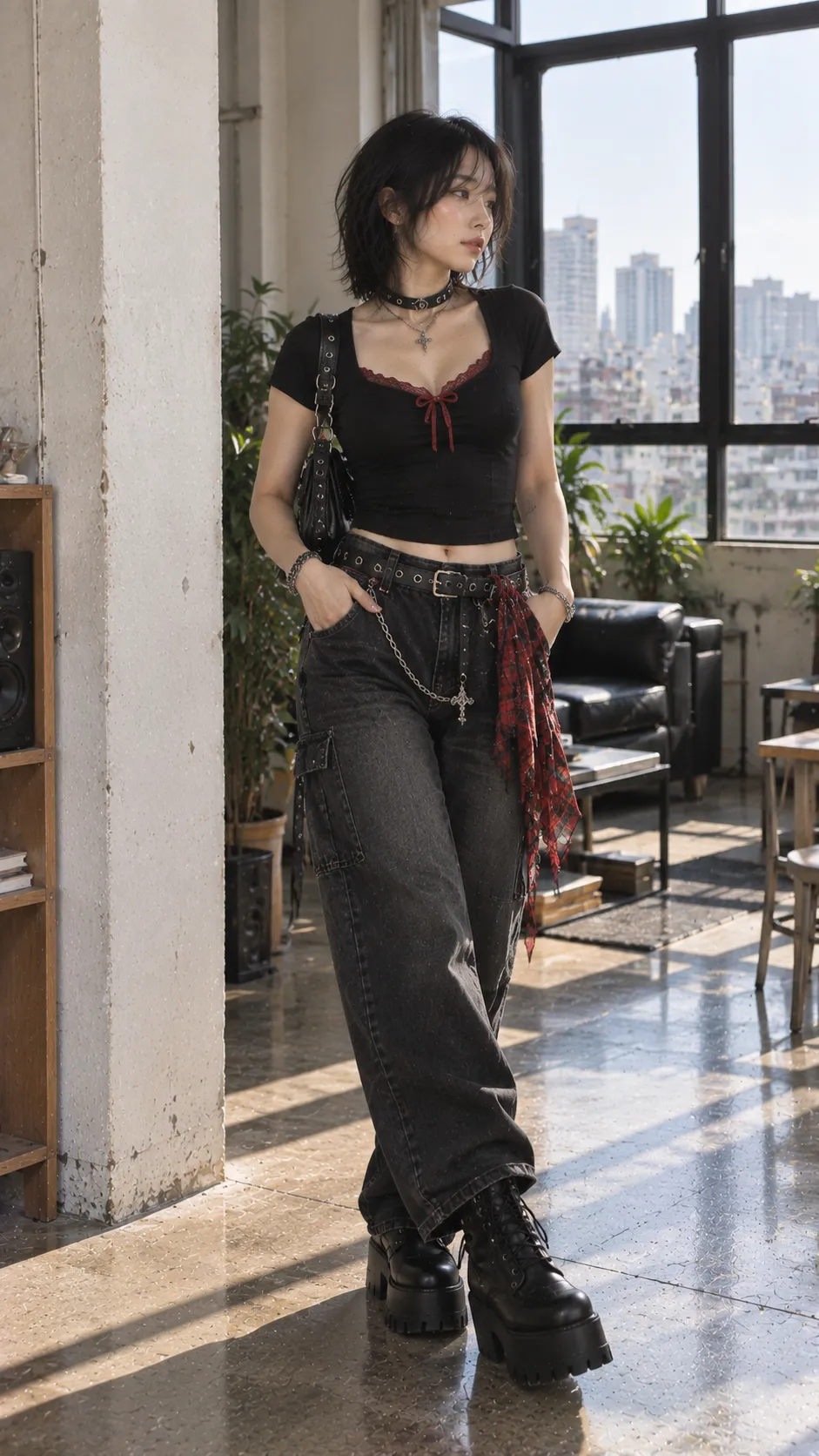 Dark outfit Devilcore mức nhẹ với áo đen, quần denim tối, điểm nhấn đỏ, choker và boots