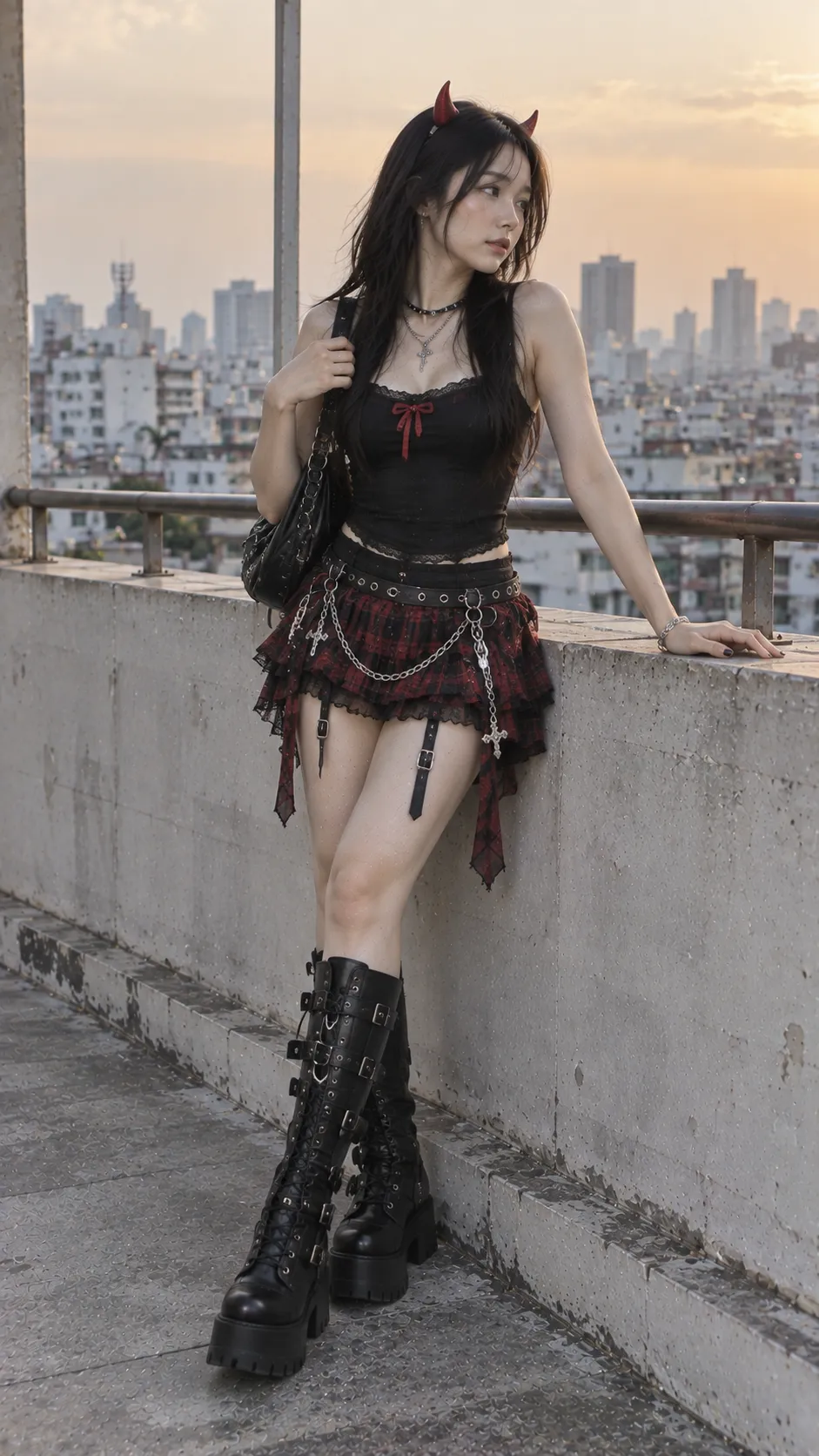 Devilcore outfit với horn detail, áo đen ôm, chân váy tối màu, điểm nhấn đỏ và chain bạc
