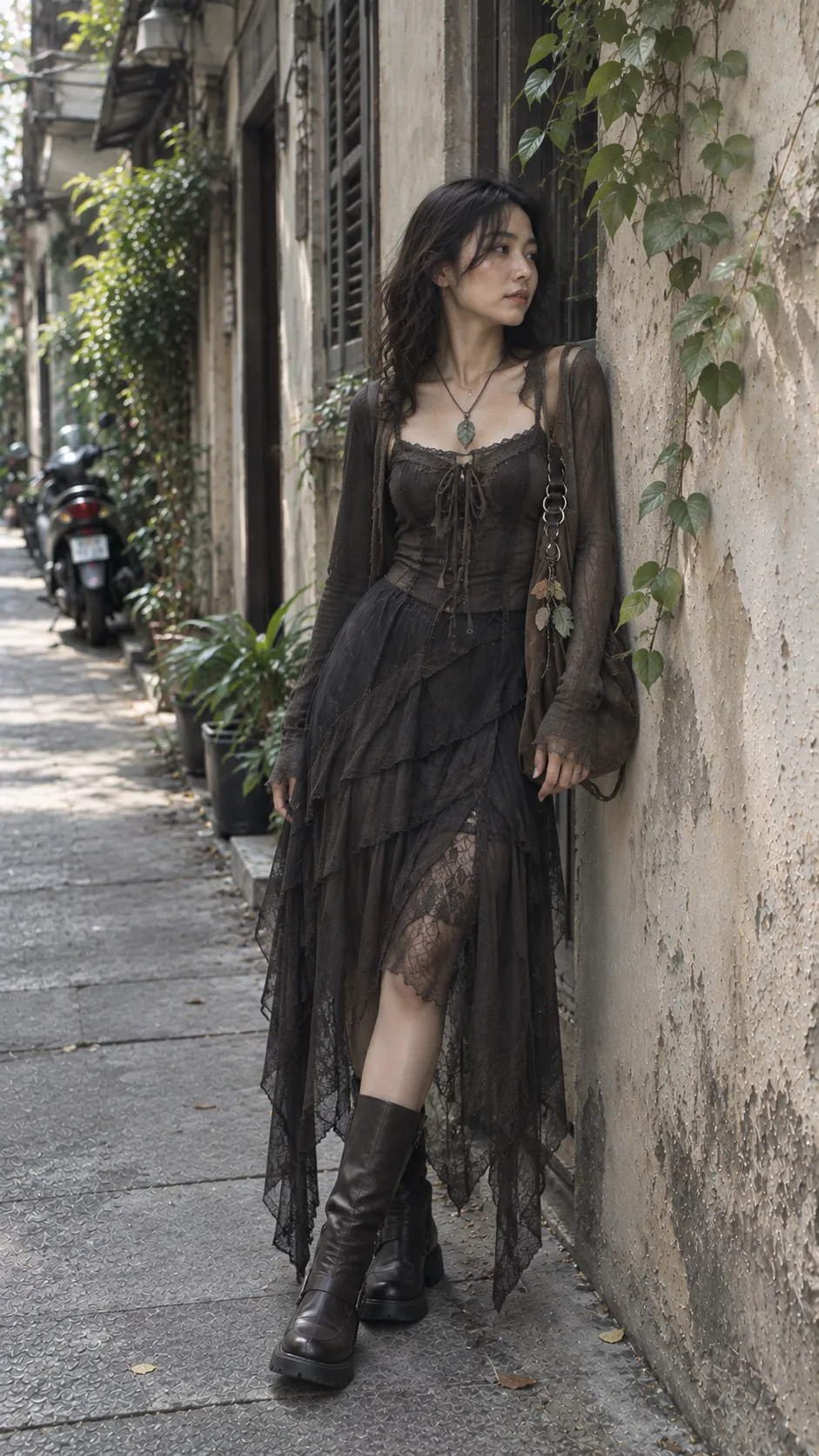 Fairycore outfit tối màu với váy sheer layer ren boots và phụ kiện thiên nhiên