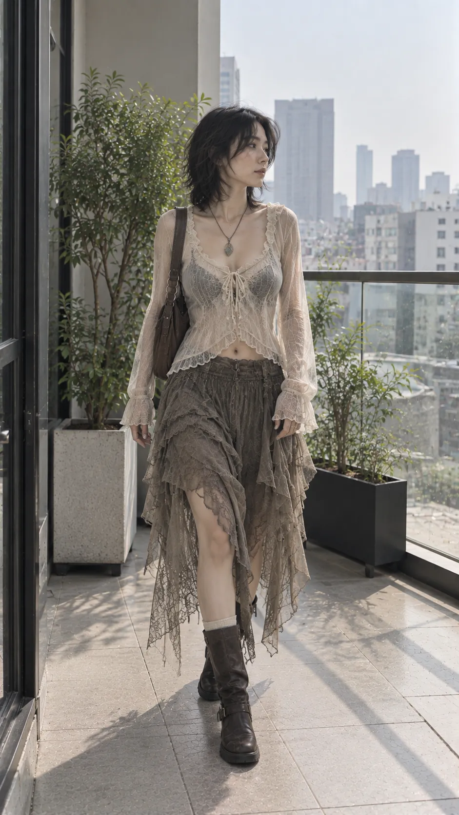 Fairycore outfit với sheer top lace skirt và boots nâu