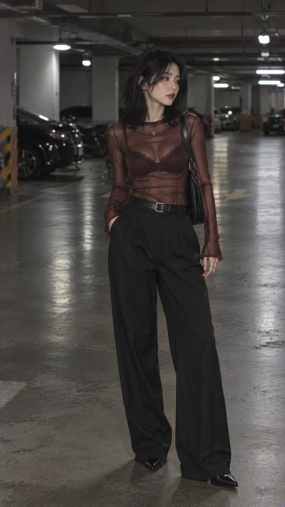 Femme Fatale Aesthetic với Sheer Top, Structured Trousers