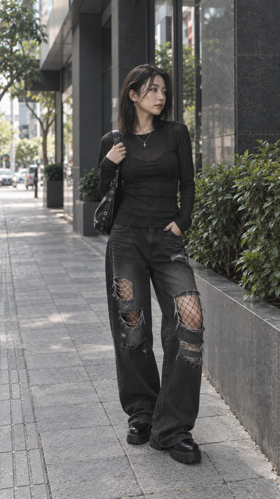 Fishnet tights dưới ripped jeans đen chỉ lộ texture qua các khoảng rách