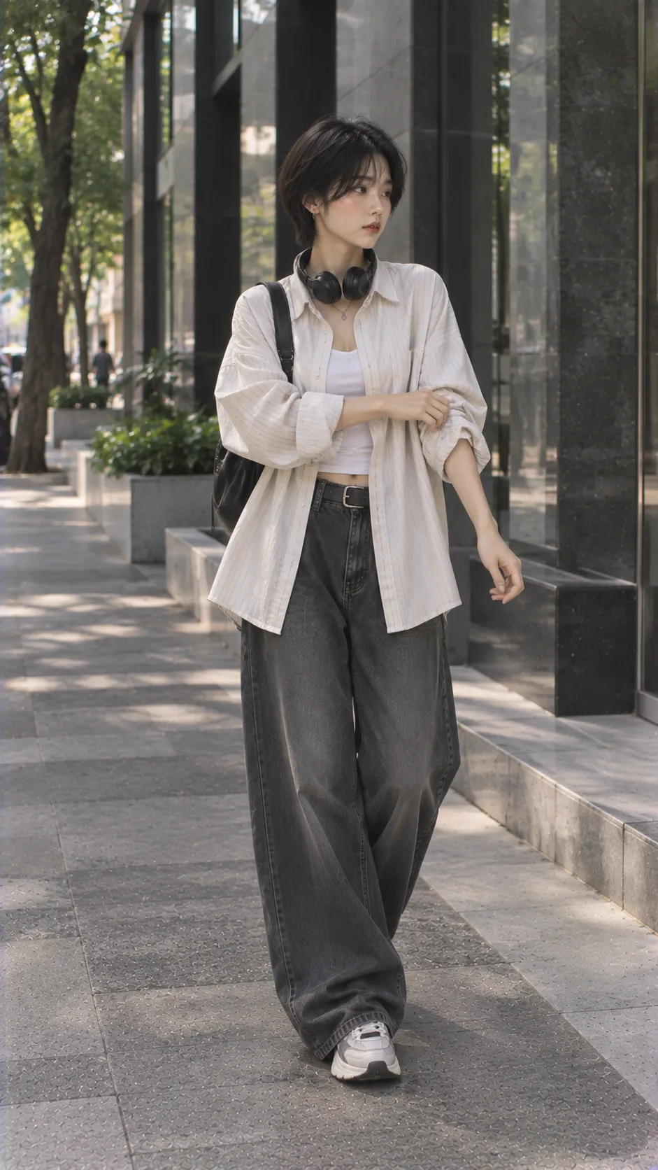 Oversize thể hiện silhouette chuẩn với tỷ lệ thân trên và thân dưới cân đối, đường rơi trang phục rõ