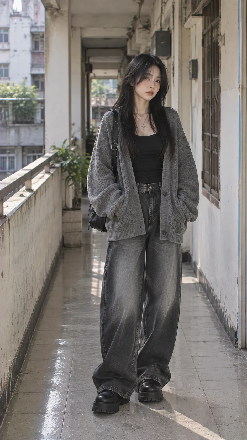 Oversize nhấn vào cardigan, denim, đen, xám với chất liệu và màu sắc rõ